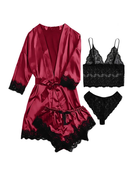 Sexy Lingerie, Silk Satin Pajamas for Women, Womens Summer Pajamas Pjs Sets of 4 Pcs with Floral Lace Top Shorts and Robe, Gift for Women, Burgundy, XXL