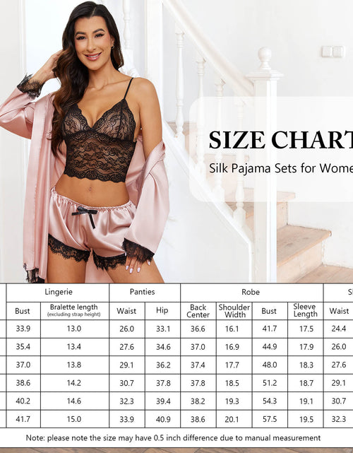 Load image into Gallery viewer, Sexy Lingerie,  Silk Satin Pajamas for Women, Womens Summer Pajamas Pjs Sets of 4 Pcs with Floral Lace Top Shorts and Robe, Gift for Women, Burgundy, XXL
